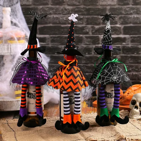 Halloween Witch Hat Wine Bottle Cover Decoration Long Legged Witch Doll Bag For Champagne Wine Bottle Table Party Decor