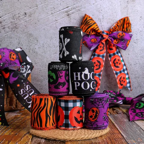 Halloween Decorative Fabric Ribbon With Wired Edge Pumpkin Skull Plaid Print Ribbon For Christmas Tree Decor Gift Wrap
