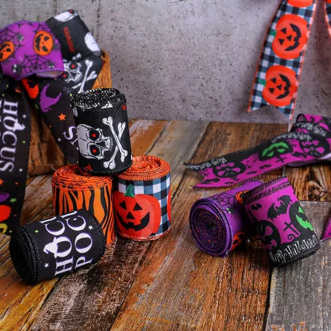 Halloween Decorative Fabric Ribbon With Wired Edge Pumpkin Skull Plaid Print Ribbon For Christmas Tree Decor Gift Wrap