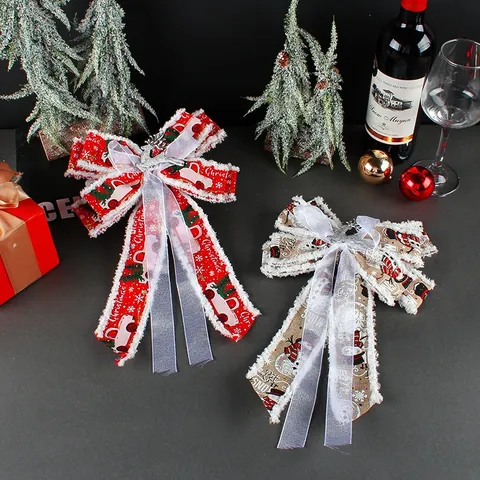 Christmas Handmade Burlap Velvet Bow Ornaments With Faux Fur Trim Reindeer Charm For Festive Tree Decoration Ribbon Hanging Bows