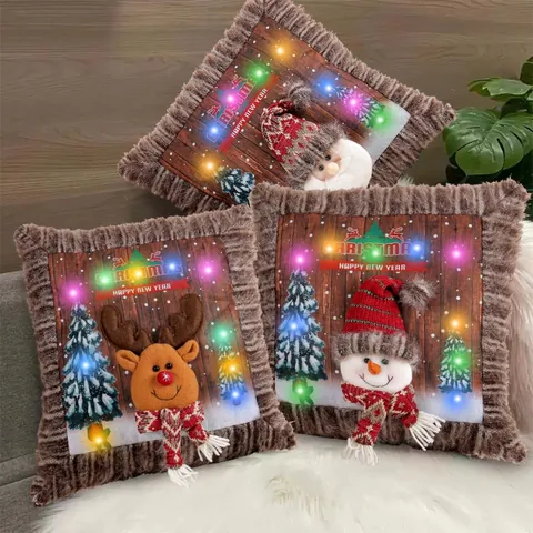 LED Leuchtender Weihnachten Plüsch Kissenbezug 3D Weihnachtsmann Rentier Holzmaserung Druck Kissenhülle Sofa Deko