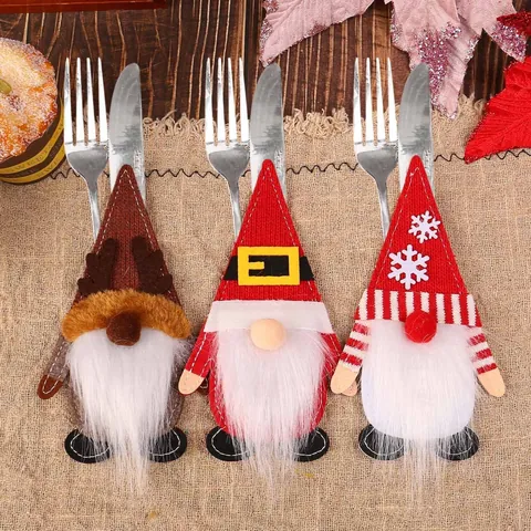 Felt Fabric Christmas Gnome Cutlery Holder Reindeer Snowflake Pattern Silverware Pouch Table Decoration Xmas Party Ornament