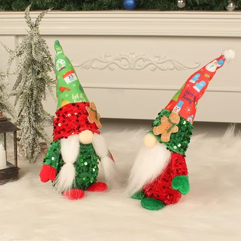 Christmas Gnome Figurine Sequin Hat Gingerbread Man Rudolph Plush Doll For Xmas Window Home Decor Holiday Ornament