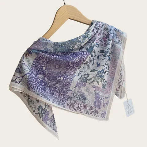 Artistieke Chinese Olieverfstijl Vierkante Sjaal Voor Dames Zacht Ademend Polyester Sjaal Retro Bloemenprint Zijdegevoel Mode Omslagdoek