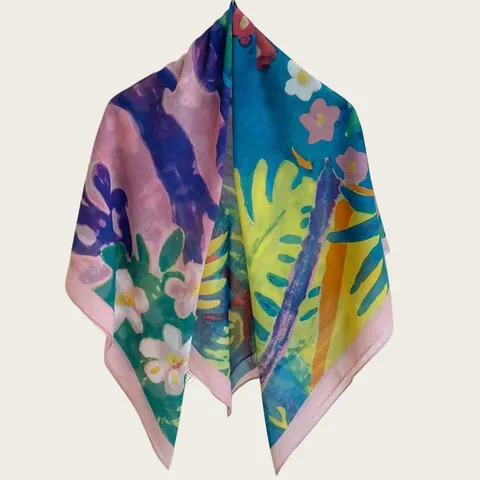 Women Vintage Rural Floral Print Polyester Large Square Scarf 110cm Sun Protection Shawl Summer Travel Beach Art Scarf