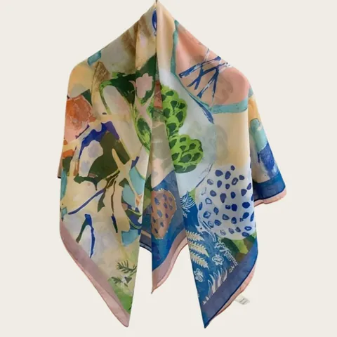 Women Vintage Rural Floral Print Polyester Large Square Scarf 110cm Sun Protection Shawl Summer Travel Beach Art Scarf
