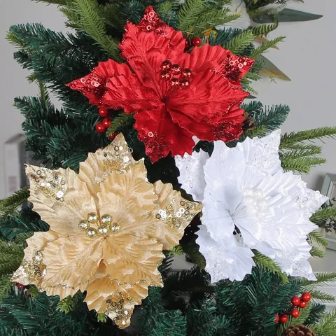 Kerstboom Versieringen Glitters Kerstster Kunstbloemen Hangende Ornamenten Voor Feestdagen Huis Decoratie