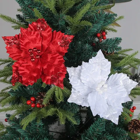 Kerstboom Versieringen Glitters Kerstster Kunstbloemen Hangende Ornamenten Voor Feestdagen Huis Decoratie
