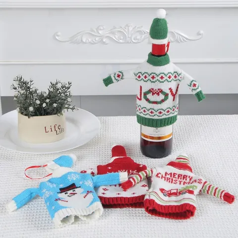 Weihnachten Gestrickte Weinflaschenhülle Dekorationen Mini Pullover Und Mützen Für Esszimmer Party Feiertagsdekor Schneemann Schneeflocke Muster