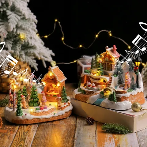 Resin Christmas Music Box LED Glowing Rotating Gingerbread Man Train Snow House Desktop Decoration Holiday Gift