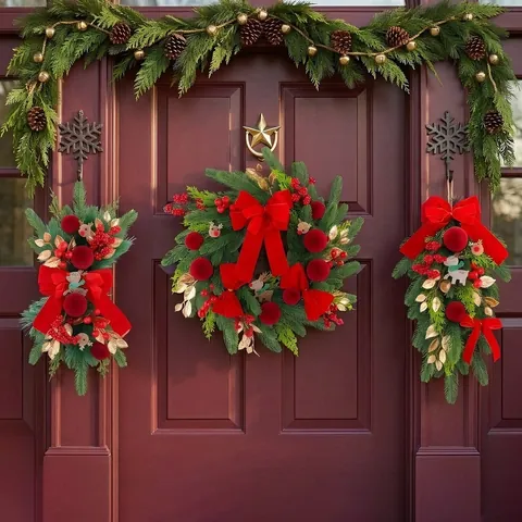 Red Velvet Reindeer Christmas Wreath Teardrop Swag Hanging Ornament For Festive Hotel Home Decoration Green Pine Cone Ornaments