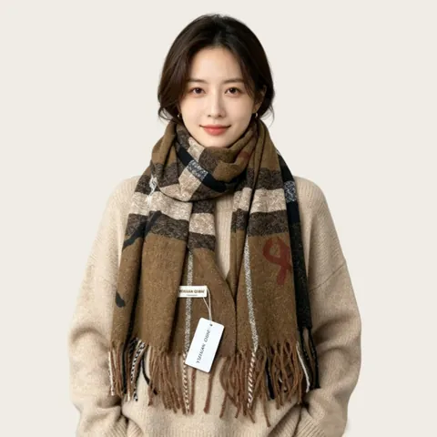 Écharpe à Carreaux Vintage avec Glands pour Femmes Hiver Chaud Style Maillard Châle Enveloppant Doux Polyester Coton Tissé
