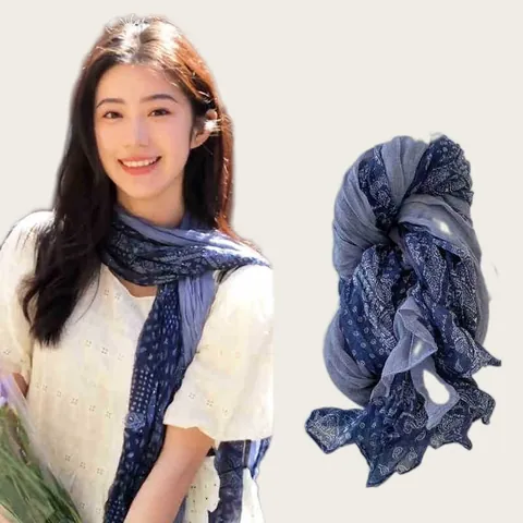 Sciarpa Lunga in Poliestere Floreale Vintage Per Donna Plissettata Colore a Contrasto Sottile Foulard Moda Decorativa Quotidiana