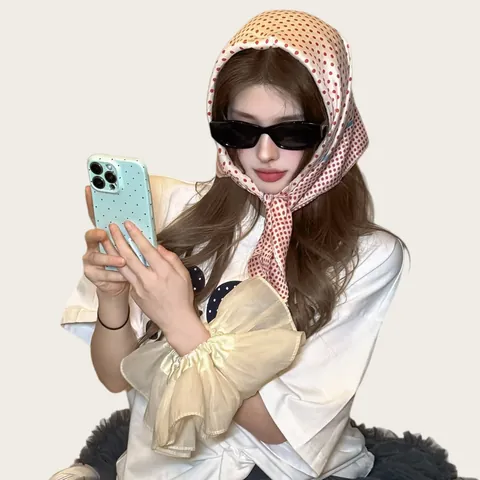 Foulard Quadrato in Poliestere a Pois Stile Vacanza Francese da Donna Retro Effetto Seta Stampato Foulard Collo Moda Accessorio Viaggio