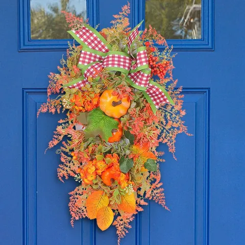 Artificial Thanksgiving Pumpkin Wreath Autumn Teardrop Swag With Plaid Bow Maple Leaves For Front Door Halloween Home Decor