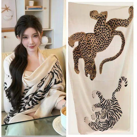 Chal con Estampado de Leopardo y Cebra para Mujer Bufanda Ligera de Mezcla Poliéster Algodón con Flecos para Playa