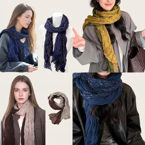 Literary Vintage Floral Pleated Scarf For Women Soft Lightweight Polyester Shawl Wrap For Travel Beach Sun Protection Scarf