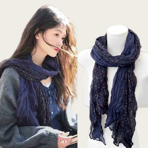 Literary Vintage Floral Pleated Scarf For Women Soft Lightweight Polyester Shawl Wrap For Travel Beach Sun Protection Scarf
