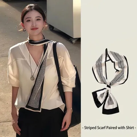 Écharpe Fine à Rayures Mode Coréenne pour Femmes Foulard Long en Satin Imprimé Géométrique Cravate Effet Soie pour Décoration de Chemise