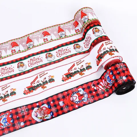 Christmas Wired Edge Ribbon Santa Claus Gnome Printed Plaid Burlap Ribbon For Christmas Tree Wreath DIY Gift Wrapping Decor