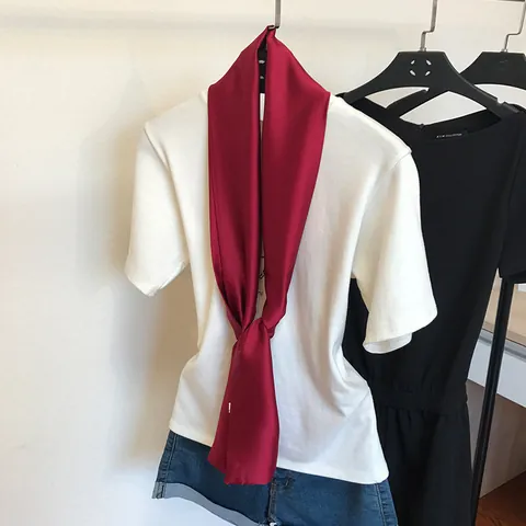 Sciarpa da Collo Sottile da Donna Tinta Unita Effetto Raso Fascia per Capelli Nastro per Borsa Poliestere Stampato