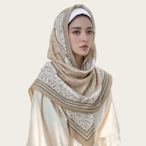 Women Floral Print Square Hijab Scarf Scalloped Edge Voile Shawl Elegant Vintage Patterned Head Wrap For Muslim Women