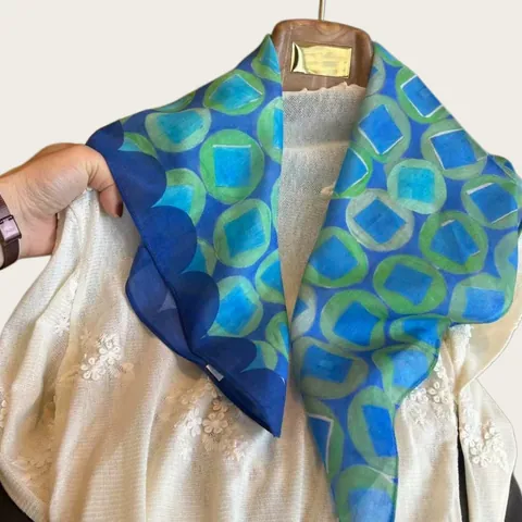 Women Cotton Printed Silk Scarf Simple Geometric Blue Small Square Neck Scarf Versatile Shawl Bandana For Summer Spring Retro Floral Head Scarf