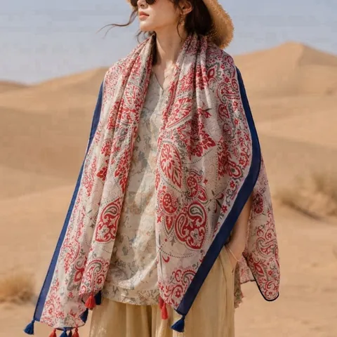 Women Bohemian Floral Paisley Printed Polyester Scarf Elegant Long Tassel Shawl Sun Protection Scarf For Beach Party Office Everyday