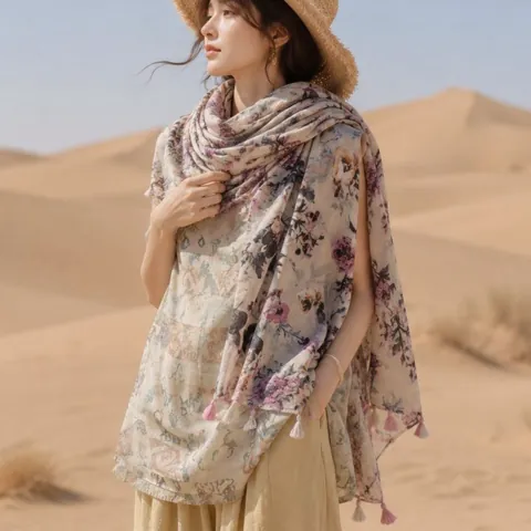 Women Bohemian Floral Paisley Printed Polyester Scarf Elegant Long Tassel Shawl Sun Protection Scarf For Beach Party Office Everyday