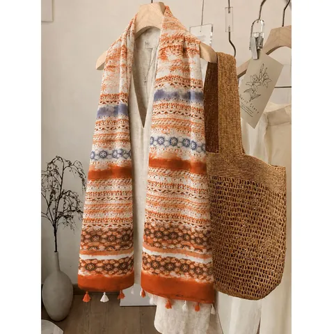 Vintage Old Money Style Maillard Print Scarf For Women Lightweight Soft Polyester Tassel Shawl Retro Geometric Autumn Scarf