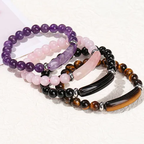 Natural Stone Beaded Bracelet With Stainless Steel Spacer Polished Crystal Stone Tube Elastic Bracelet For Men Women Daily Fashion Jewelry
