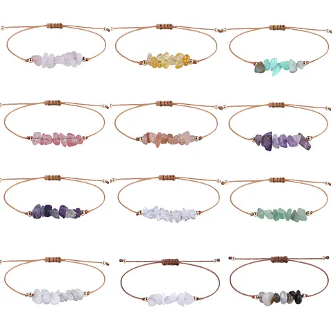 Pulsera de Cordón Encerado Tejida a Mano Bohemia para Mujer Piedra Natural Triturada Irregular Ajustable Joyería de Estilo Étnico de Playa