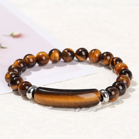 Natural Stone Beaded Bracelet With Stainless Steel Spacer Polished Crystal Stone Tube Elastic Bracelet For Men Women Daily Fashion Jewelry