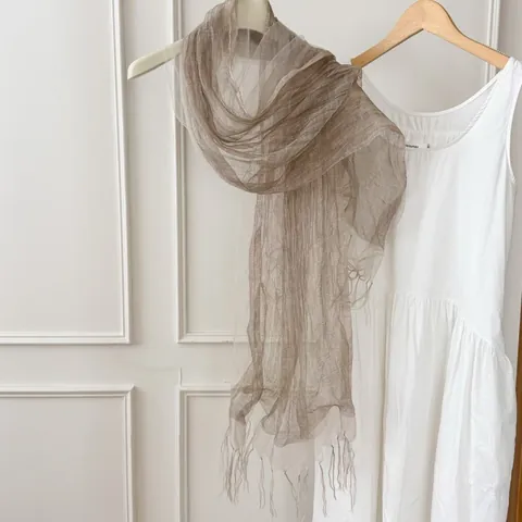 Women Elegant Solid Color Satin Scarf Thin Breathable Sunscreen Shawl Tassels Cotton Blend Neck Guard Scarf Summer Beach