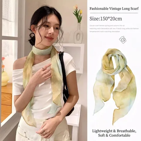 Frisse Geel Groen Gradiënt Bedrukte Polyester Zijden Sjaal Voor Vrouwen Koreaanse Stijl Literaire Sjaal Met Elegante Kunstparel Ketting Accessoire