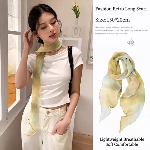 Frisse Geel Groen Gradiënt Bedrukte Polyester Zijden Sjaal Voor Vrouwen Koreaanse Stijl Literaire Sjaal Met Elegante Kunstparel Ketting Accessoire
