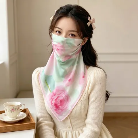 Maschera Viso Solare da Donna Sciarpa in Microfibra Traspirante Protezione UV Fibbia Magnetica Scaldacollo Sfumato Floreale