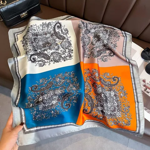 Vintage Paisley Print Satin Square Scarf For Women Lightweight Polyester Silk Like Hair Bandana Sun Protection Neck Scarf Shawl