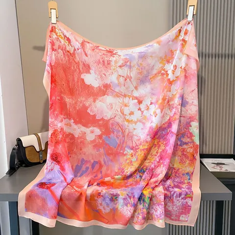 Pañuelo Cuadrado de Satén para Mujer 110x110cm Efecto Seda Estampado Artístico Floral al Óleo Bufanda Chal Playa Accesorio Moda