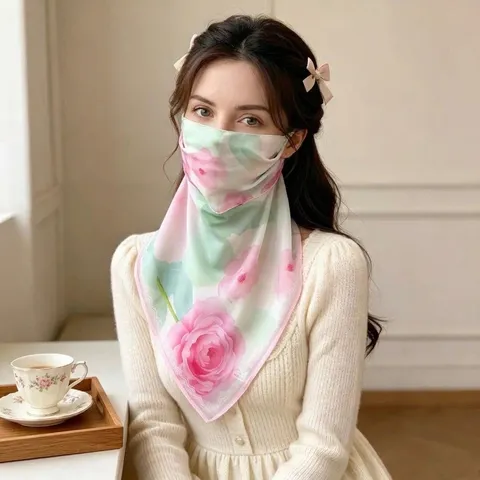 Women Sun Protection Face Mask Scarf Microfiber Breathable UV Protection Magnetic Buckle Neck Gaiter Floral Gradient Scarf