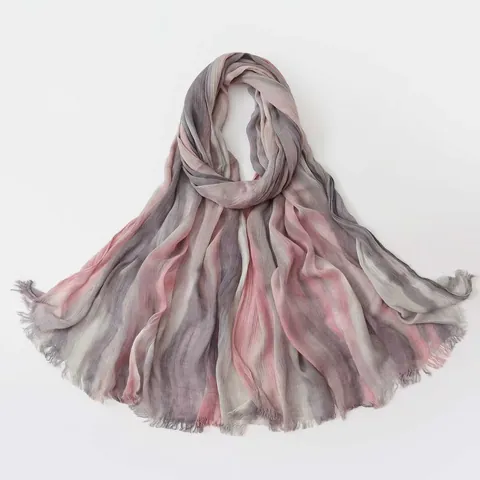 Women Retro Ombre Pleated Viscose Scarf Ethnic Gradient Striped Long Hijab Shawl Fringed Lightweight Printed Headwrap