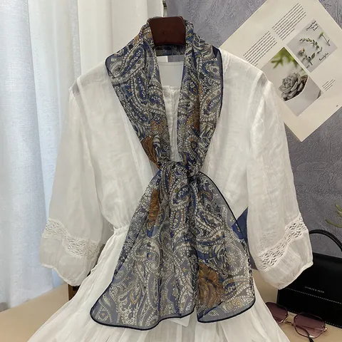 Vintage Paisley Printed Polyester Ribbon Scarf For Women Chinese Style Floral Pattern Long Narrow Scarf For Neck Hair Decoration