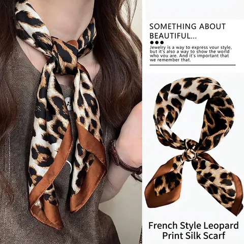 Mode Leopardenmuster Quadratisches Tuch Für Damen Satin Kunstseide Kopftuch Vielseitiges Tiermuster Halstuch Taschendekor