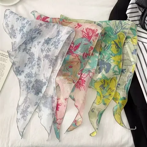 Women Mori Style Pure Linen Triangle Scarf Floral Printed Literary Retro Headband Natural Scarf With Rolled Edge Accessory