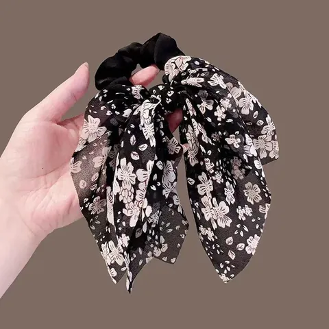 Vintage Korean Style Floral Mesh Scrunchie With Long Ribbon Bow Elegant Black White Flower Hair Tie Fashion Hair Accessories For Women