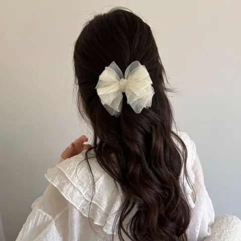 Korean Style Mesh Bow Hair Clip Gingham Plaid Grid Large Hairpin For Women Ponytail Accessories Handmade Ribbon Hair Claw Clip