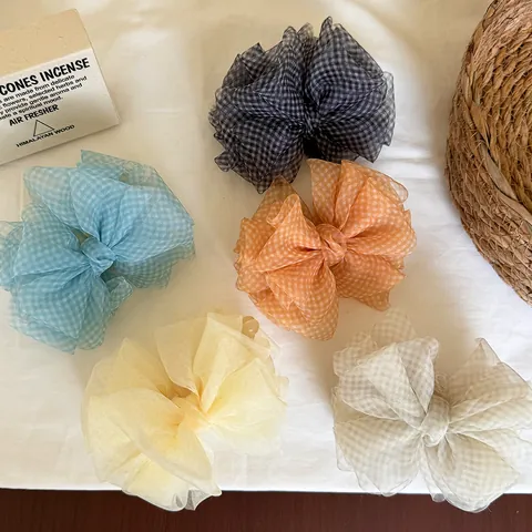 Korean Style Mesh Bow Hair Clip Gingham Plaid Grid Large Hairpin For Women Ponytail Accessories Handmade Ribbon Hair Claw Clip