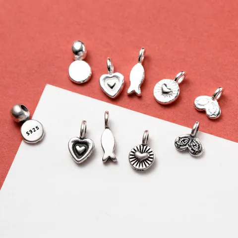 925 Sterling Silver Mini Heart Fish Tail Pendant Charm Handmade DIY Braided Rope Bracelet Jewelry Material Accessory