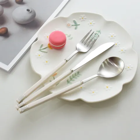 Nordic 304 Stainless Steel Cutlery Cream White Handle Elegant Tableware For Dinner Steak Dessert Home Kitchen Dining Accessory