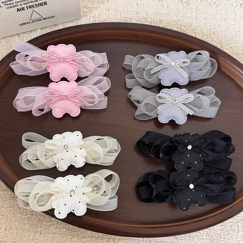 Cute Multi-Layer Mesh Bow Bear Hair Clip For Women Sweet Cartoon Bear Duckbill Clip Fashion Fringe Hair Accessories
